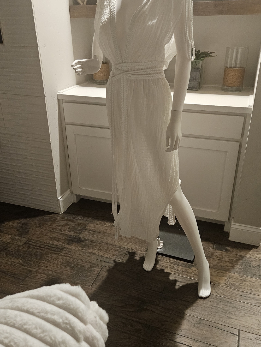 White Textured Knit Maxi Cover-up Cover-up with Rope Belt